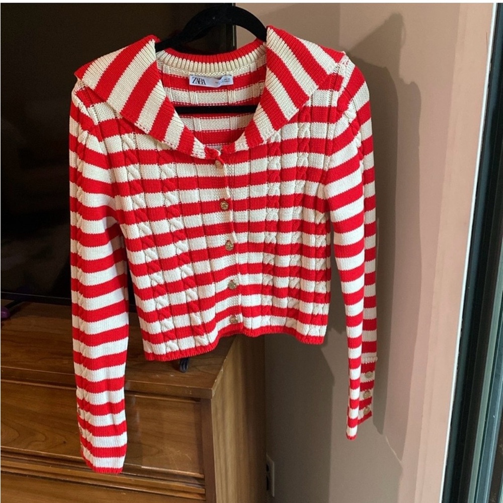 Zara Striped Cable Knit Cardigan Large